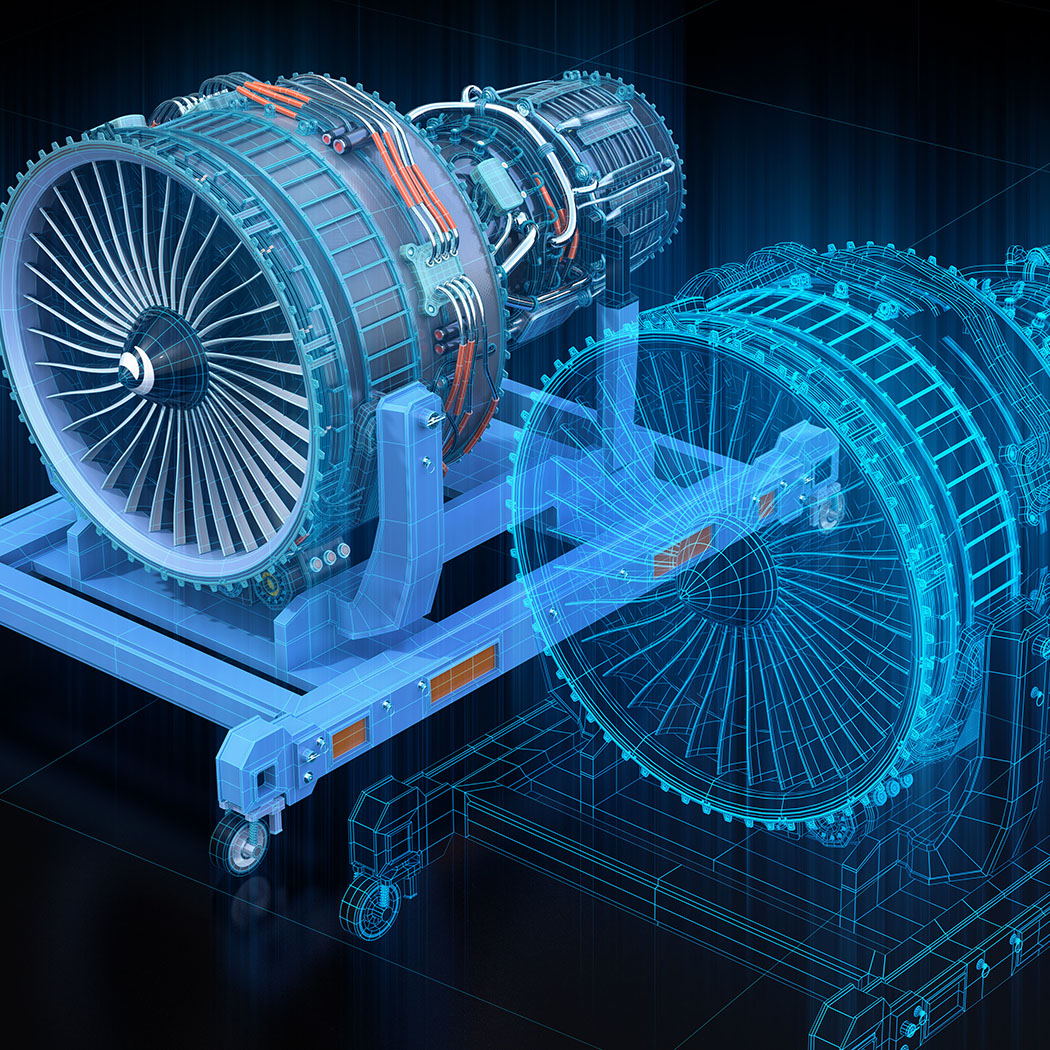 Wireframe rendering of turbojet engine and mirrored physical body on black background. Digital twin concept. 3D rendering image., Wireframe rendering of turbojet engine and mirrored physical bod